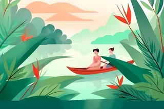 湖上划船绿色植物湖水水墨画背景