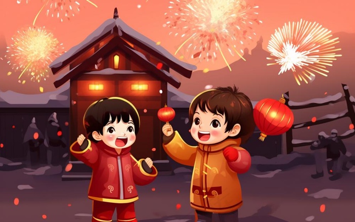 新年除夕夜烟花爆竹儿童玩乐喜庆卡通插画背景(1376x864)