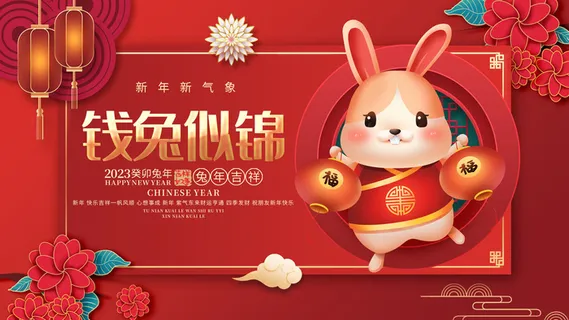 中式传统节日春节兔年喜庆展板