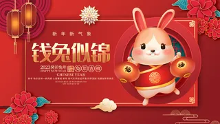 中式传统节日春节兔年喜庆展板