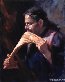 吹琴的男士肖像油画