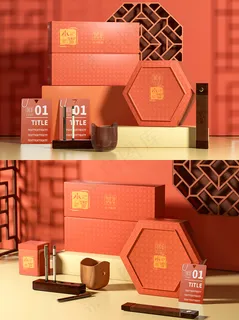 唯美国潮风中式新年礼品智能贴图样机 唯美国潮风中式新年礼品智能贴图样机