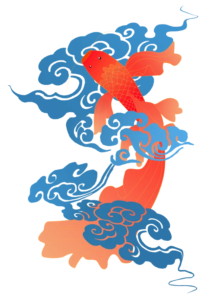蓝色祥云红色锦鲤渐变简约风画册插画免抠素材