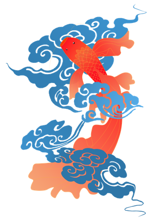 蓝色祥云红色锦鲤渐变简约风画册插画免抠素材