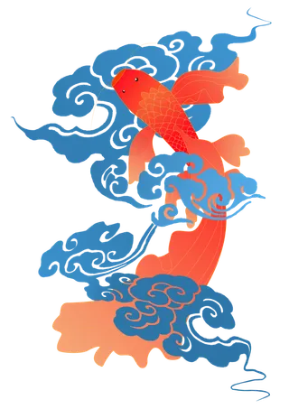 蓝色祥云红色锦鲤渐变简约风画册插画免抠素材