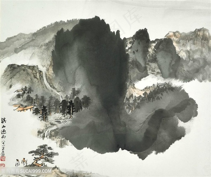 张大千手绘水墨山脉风景画