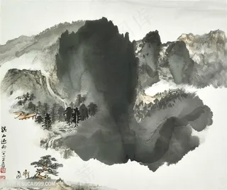 张大千手绘水墨山脉风景画