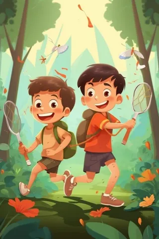 男孩森林草地玩耍插画背景