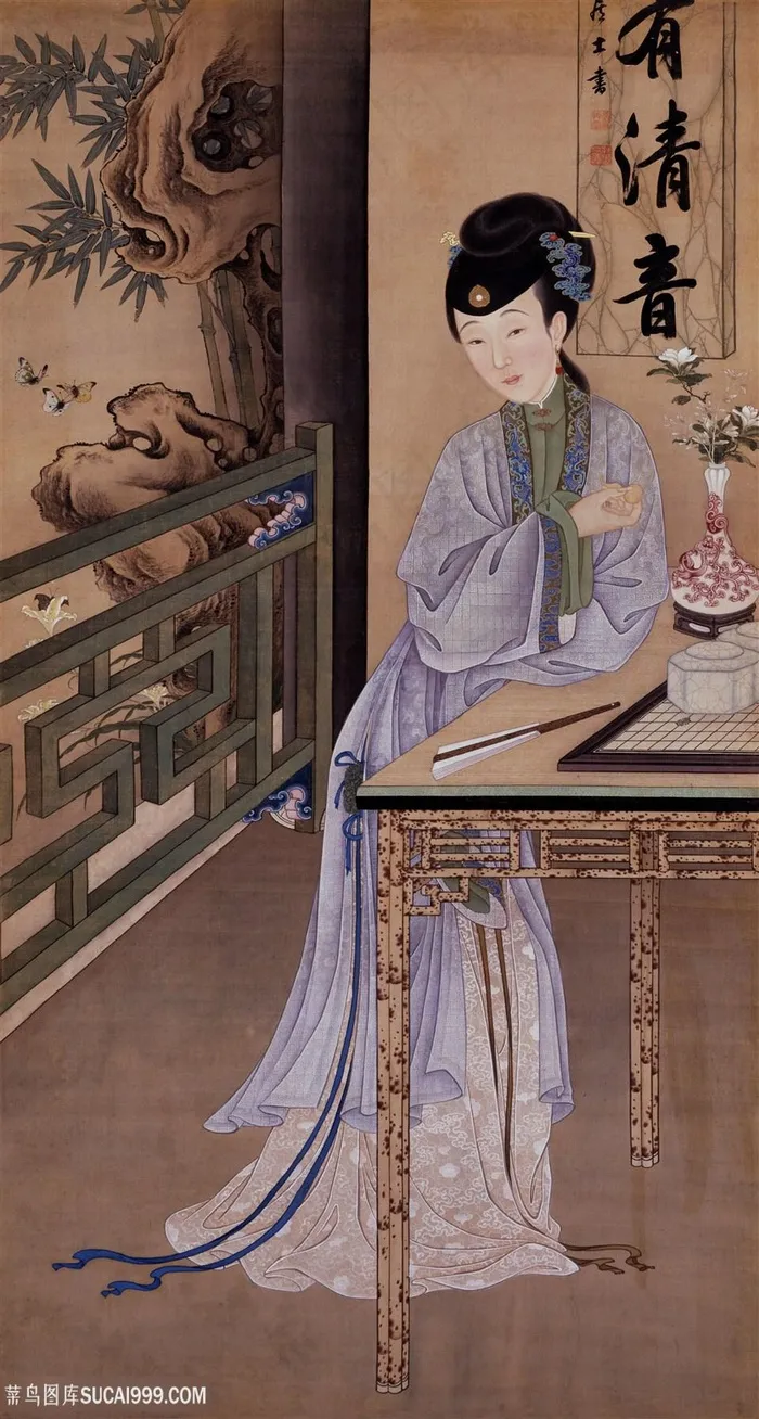 雍正十二靛蓝色服饰靠在桌旁的美人图绘画图片
