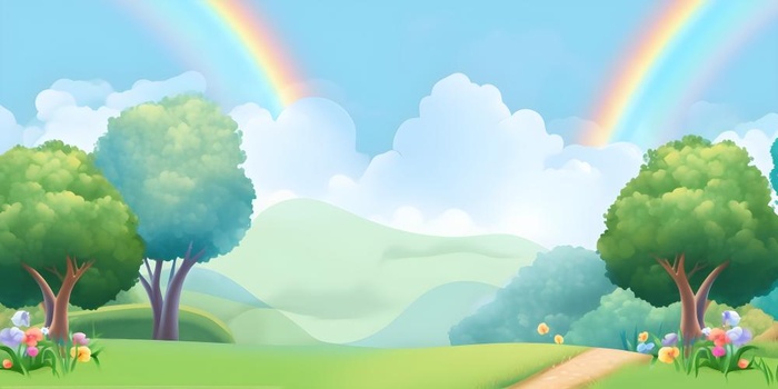 春天蓝天白云彩虹树林草坪手绘插画风景海报素材背景