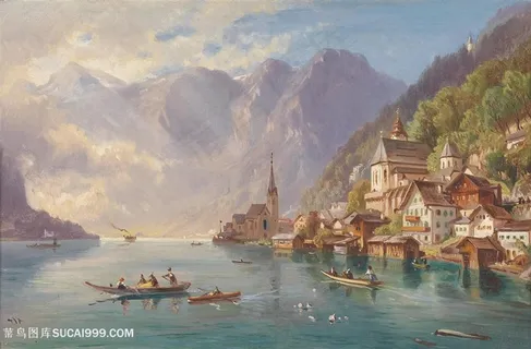 手绘海边与小镇风景油画图片