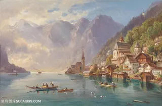 手绘海边与小镇风景油画图片