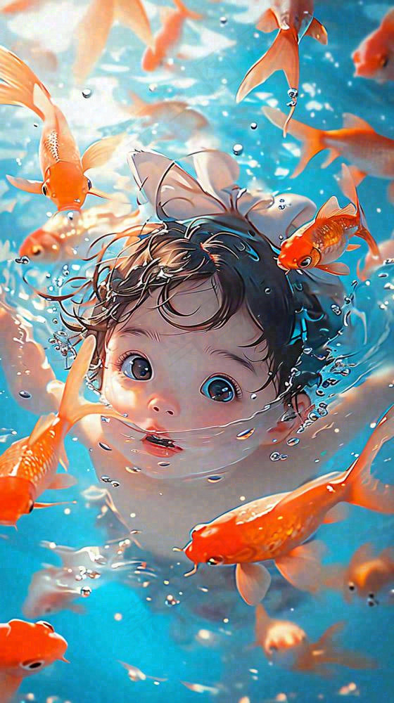 夏天泳池婴儿小孩游泳玩耍金鱼锦鲤，小暑大暑(816x1456)
