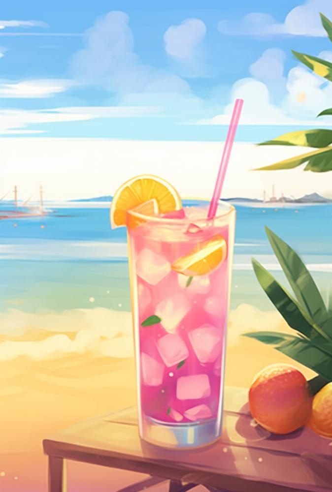 夏日沙滩饮料天空插画背景(896x1328)