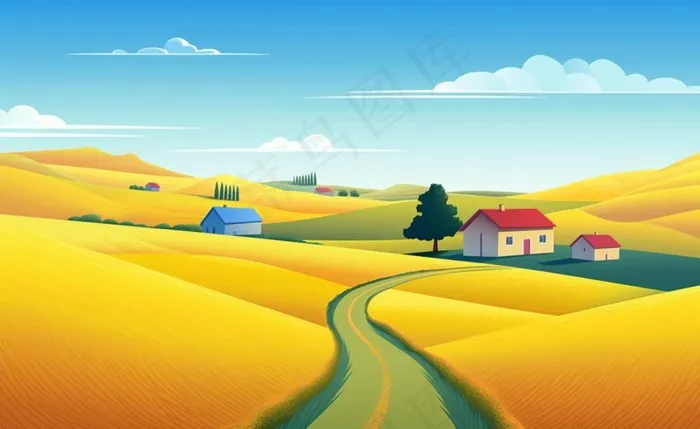 乡村村庄美丽风景河流插画农田插画背景(1408x864)
