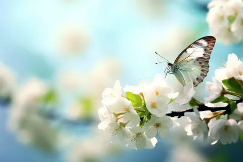 春天李子树花朵上飞舞的蝴蝶摄影图