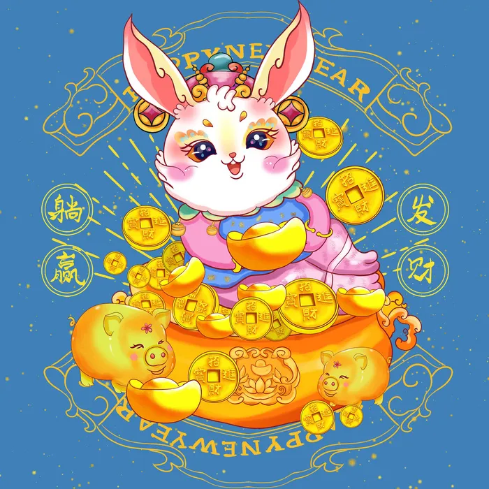 手绘2023兔年新年卡通兔子形象IP插画元素PSD设计素材png图案