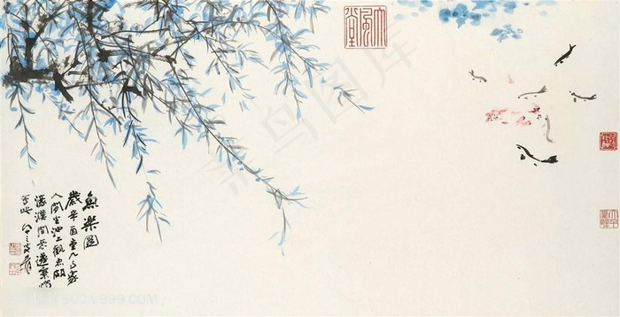 张大千手绘柳枝装饰画