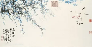 张大千手绘柳枝装饰画