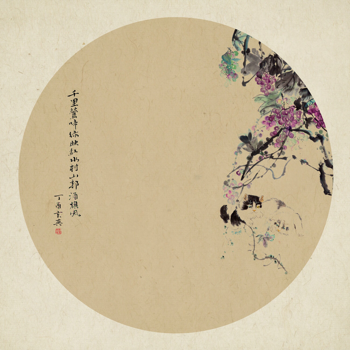 新中式复古水墨花枝圆圈背景