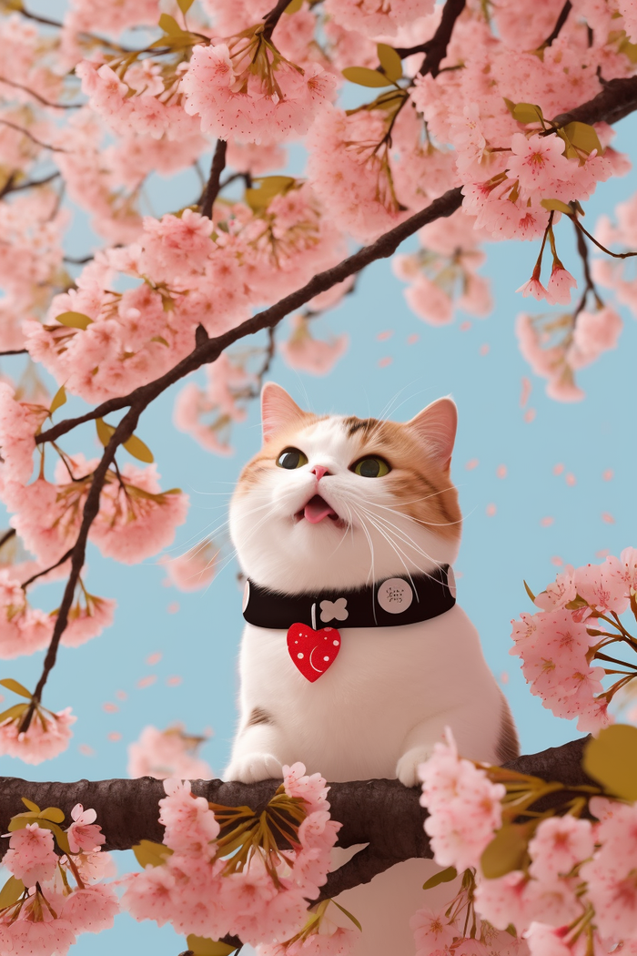 猫咪宠物站在樱花树玩耍摄影图(2688x4032)