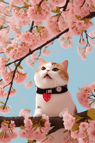 猫咪宠物站在樱花树玩耍摄影图