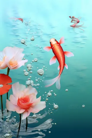 简约金鱼粉色花水花背景