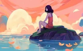 绚丽天空女孩坐着石头上漫画风背景