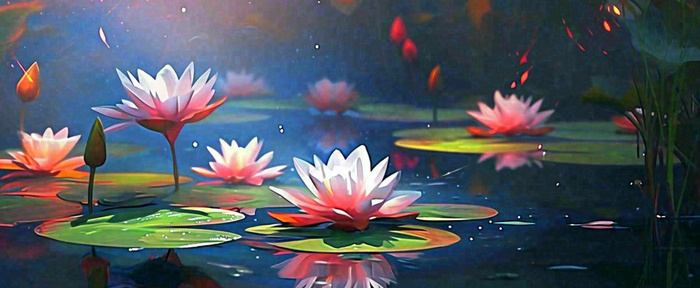 夏季池塘荷花荷叶盛开油画，小暑大暑夏至(1712x704)