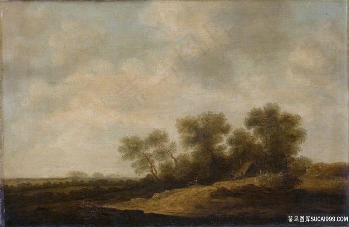 草地山脉大树风景画油画