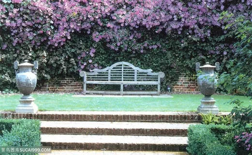 园林景观紫色花 长凳子