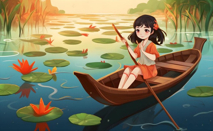 在湖中划船的女孩睡莲绿叶插画海报背景(5632x3456)