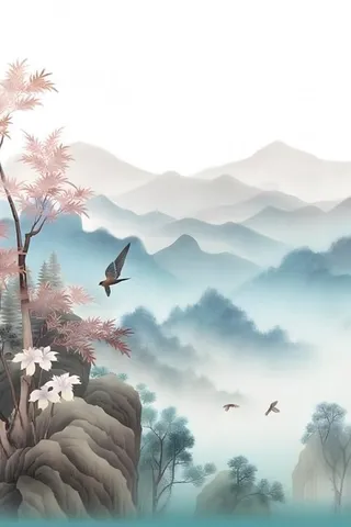 古风山水画迎客松鸟水墨画背景