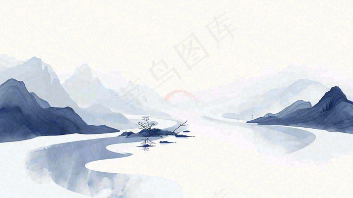 山水画简约白色河面插画手绘，中国风古风(1456x816)