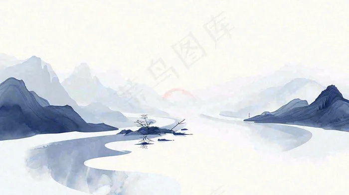 山水画简约白色河面插画手绘，中国风古风(1456x816)