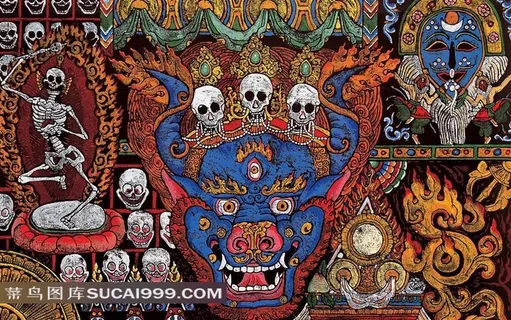 藏族龙纹骷髅头版画素材
