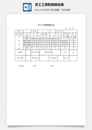 员工工资职级核定表word模板