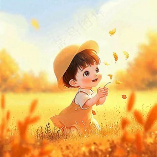 秋天秋叶小麦黄色落叶女孩小孩玩耍