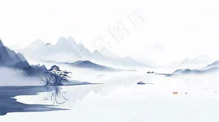 山水画简约白色河面插画手绘，中国风古风