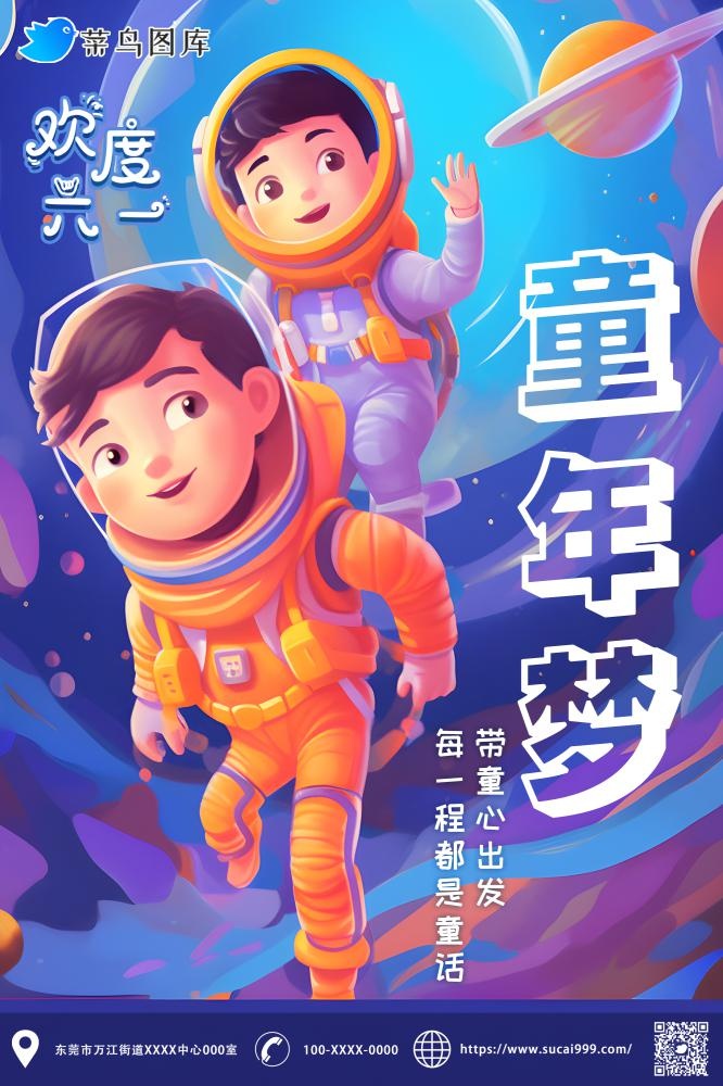 儿童节梦幻宇航员太空宇宙海报(2000x3000)psd模版下载