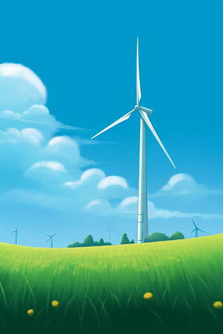 夏日草原风车蓝天白云卡通插画素材