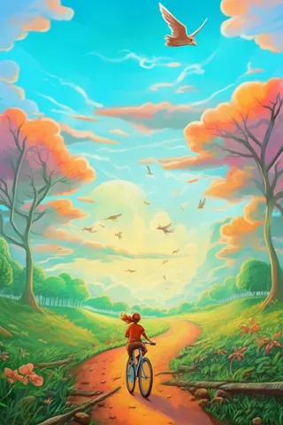 晴天草地踏青自行车游玩插画背景