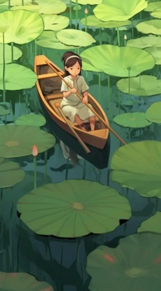 荷花荷叶池里划船的少年绿色插画背景