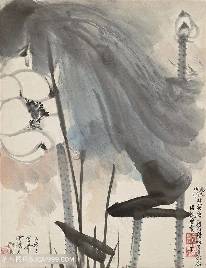 张大千手绘水墨莲花装饰画