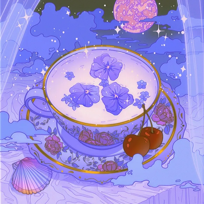 蓝色 杯子 花 下午茶 背景 紫色 海报