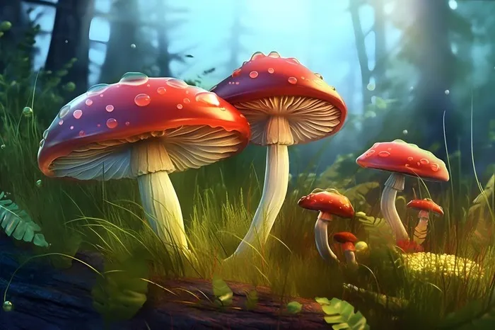 春天草丛蘑菇森林手绘插画海报素材背景(5376x3584)
