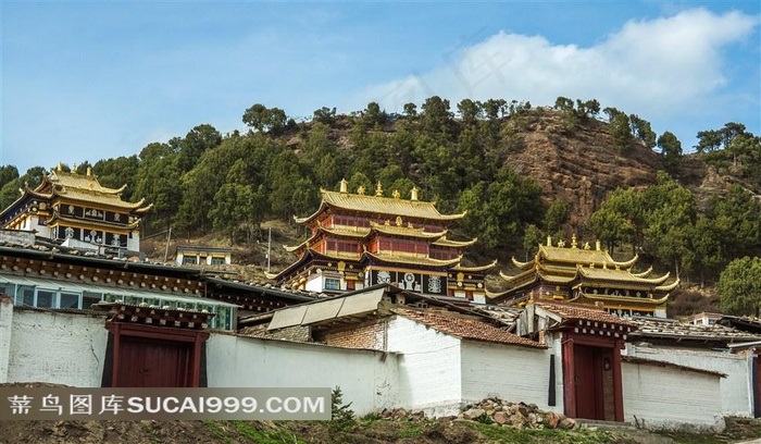 甘南郎木寺高原山腰上美丽的金色佛殿宏伟建筑群景观