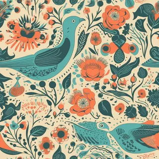 花鸟图，插画风格，无缝贴图，素材