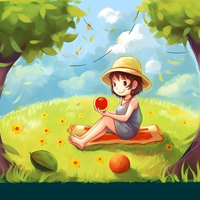 夏日人物水果树荫乘凉插画素材背景(4096x4096)
