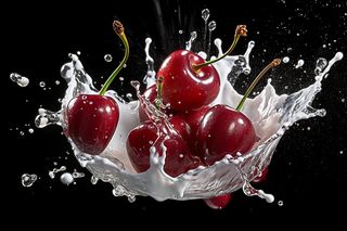 水果牛奶碰撞融合车厘子液体撞击迸射瞬间摄影图